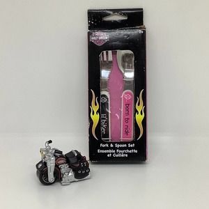 Harley-Davidson kids fork and spoon set with Maisto motorcycle toy bundle